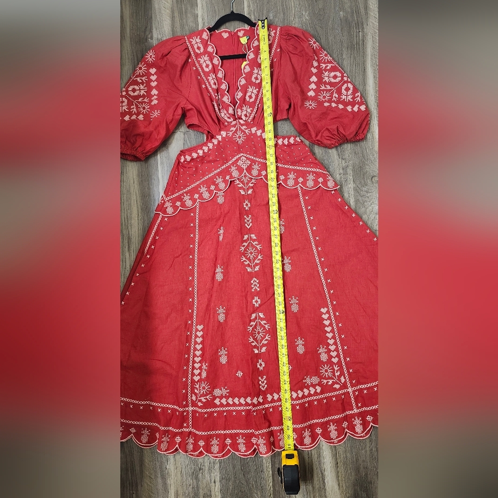 FARM Rio Brazil Red Embroided Dress Puff Sleeves Size L - Picture 10 of 13